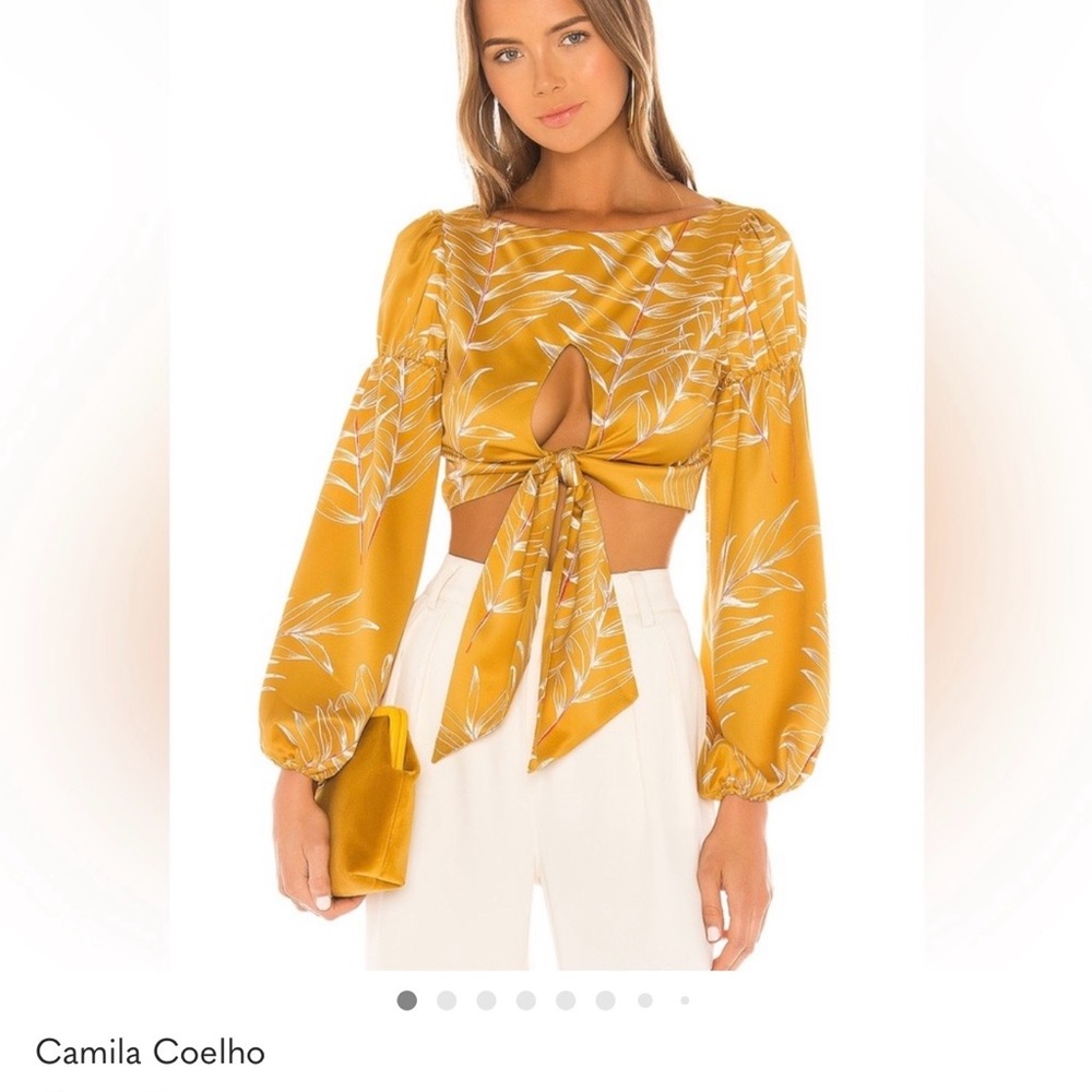 Camila Coelho Golden Leaf Print Tie-Front Blouse